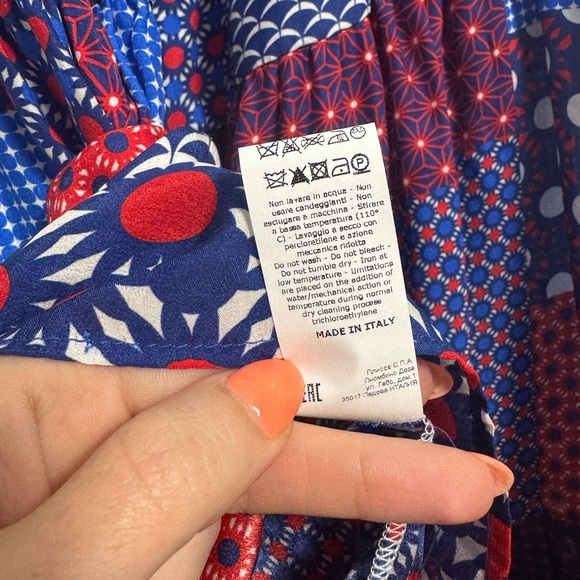 Smarteez Italy 100% Silk Patchwork Off Shoulder Red White and Blue Midi Dress 2 - Picture 8 of 11